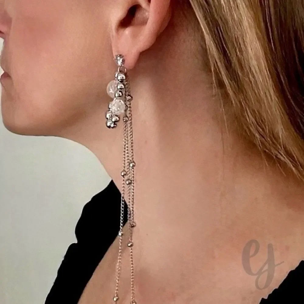 Dione Long Fringe Silver Tone Chain Drop Earrings with Crystal Accents